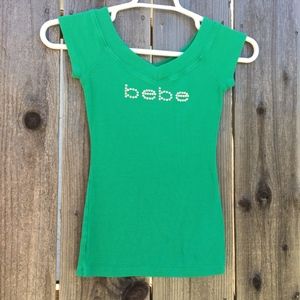 BEBE GREEN LOGO DOUBLE V-NECK TEE